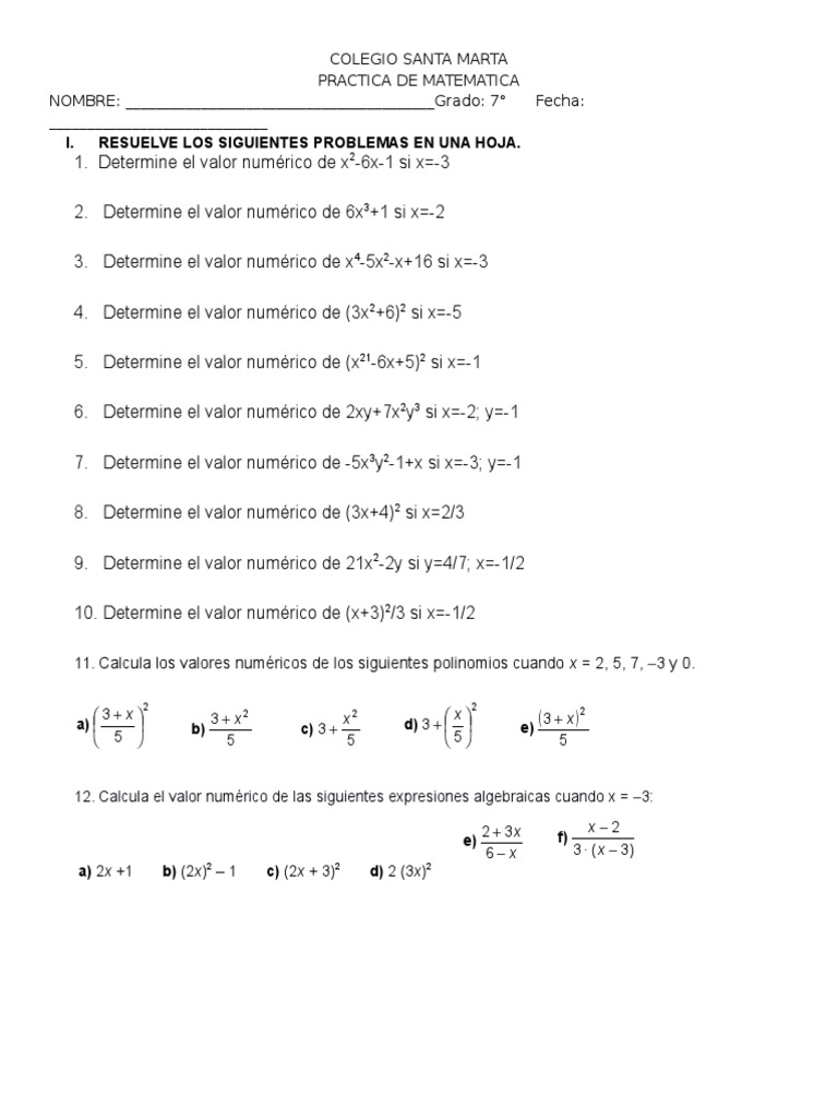 Valor Numerico de Un Polinomio | PDF | Enseñanza de matemática