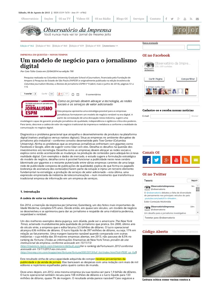 Um Modelo de Negócio para o Jornalismo Digital PDF | PDF | Jornalismo |  Publicidade