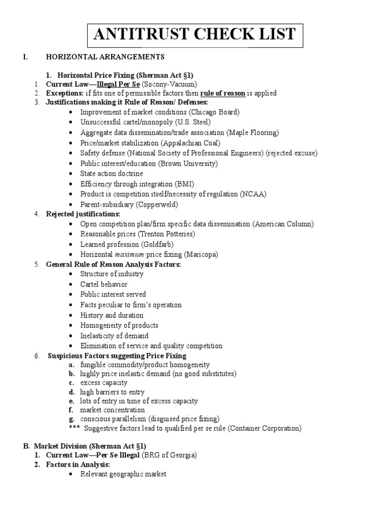 Antitrust Checklist 3 PDF Competition Law Monopoly