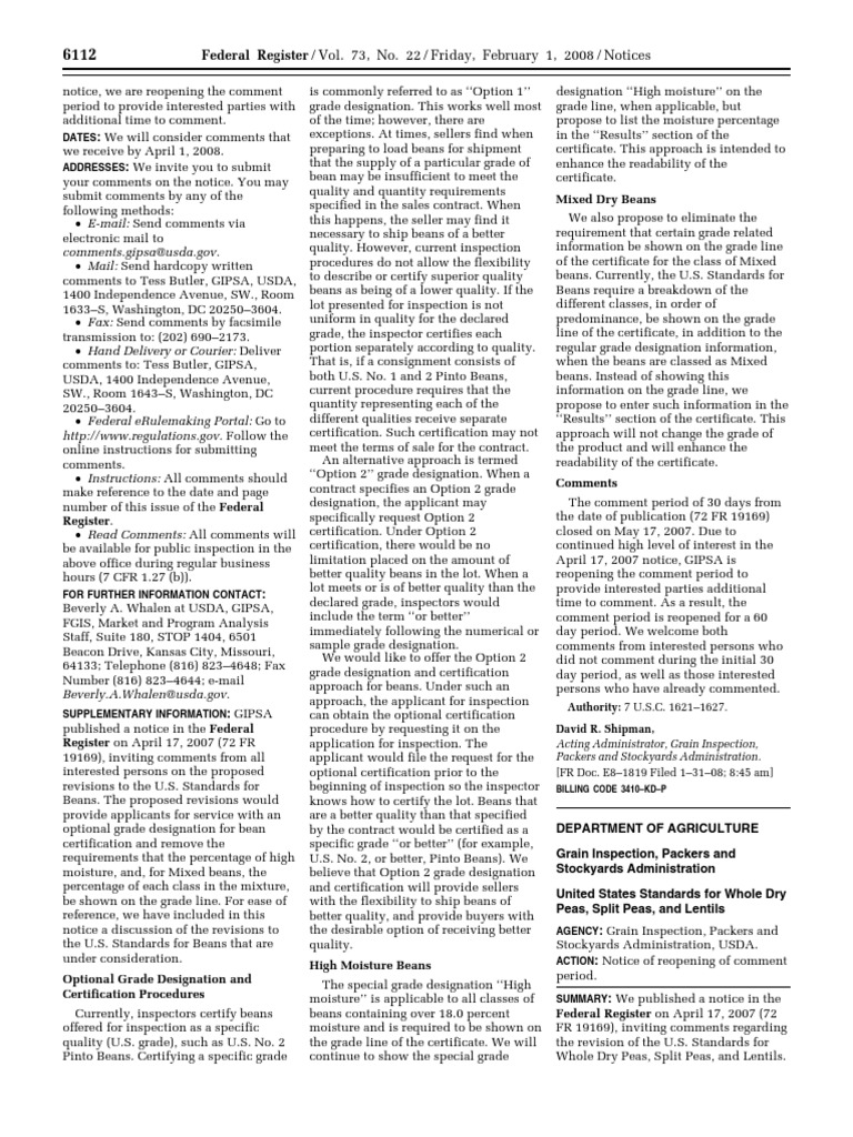 Notice United States Standards For Whole Dry Peas, Split Peas, and