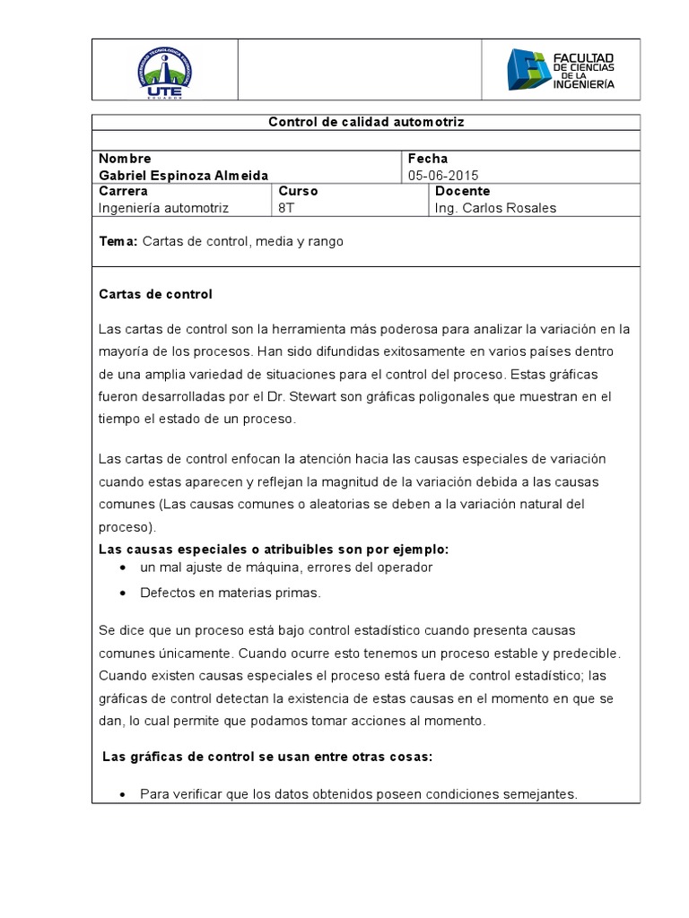 Ejemplos de Cartas de Control en Calidad | PDF | Estadísticas ...