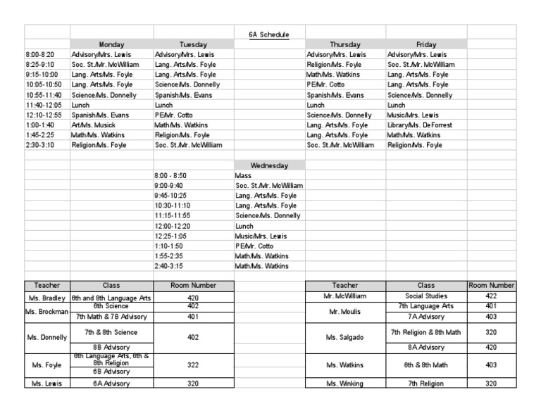 6A Schedule Monday Tuesday Thursday Friday | PDF
