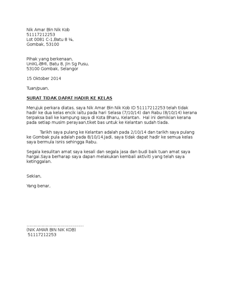 Contoh Surat Tidak HAdir Ke Kelas  PDF
