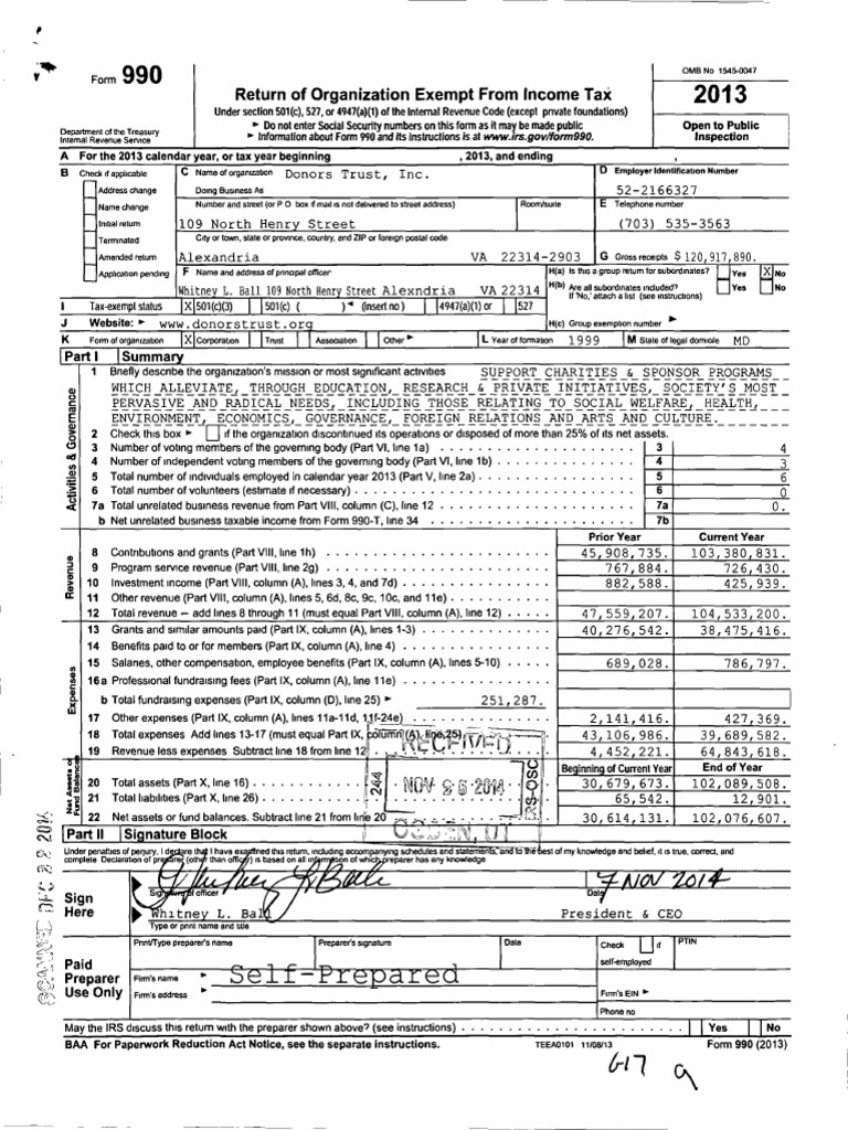 DonorsTrust522166327 2013 0afa3a0esearchable | PDF | Irs Tax Forms | 501(C) Organization