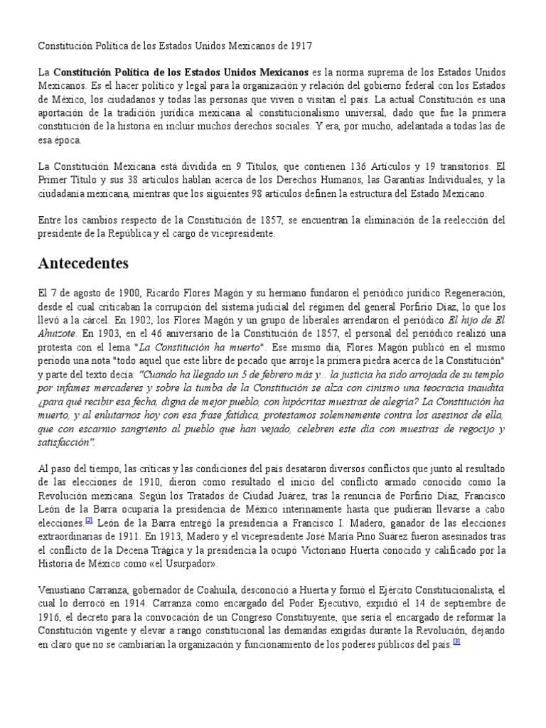 Constitución Política de Los Estados Unidos Mexicanos de 1917 | PDF ...