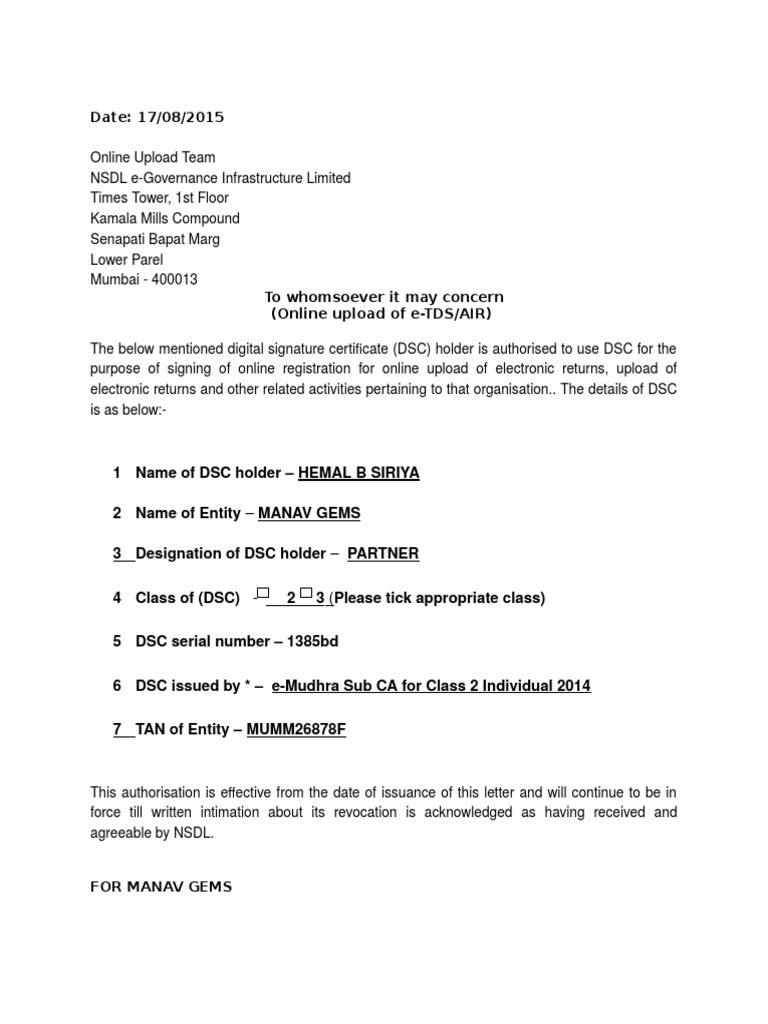 DSC Authorization for Online e-TDS Upload | PDF | Business