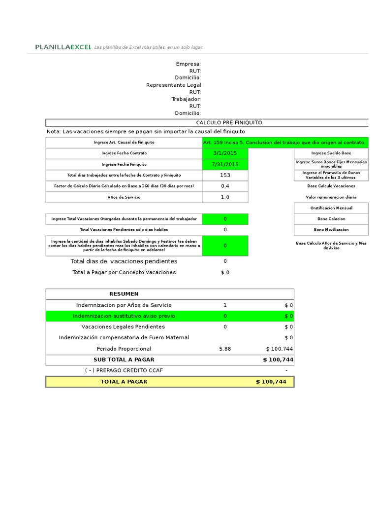Planilla De Excel De Calculo De Finiquito Chile Negocios
