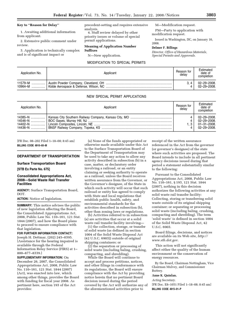 Notice Consolidated Appropriations Act, 2008 Solid Waste Rail