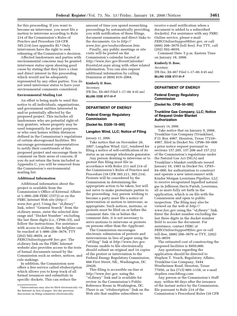 Notice Notice of Request Under Blanket Authorization Trunkline Gas