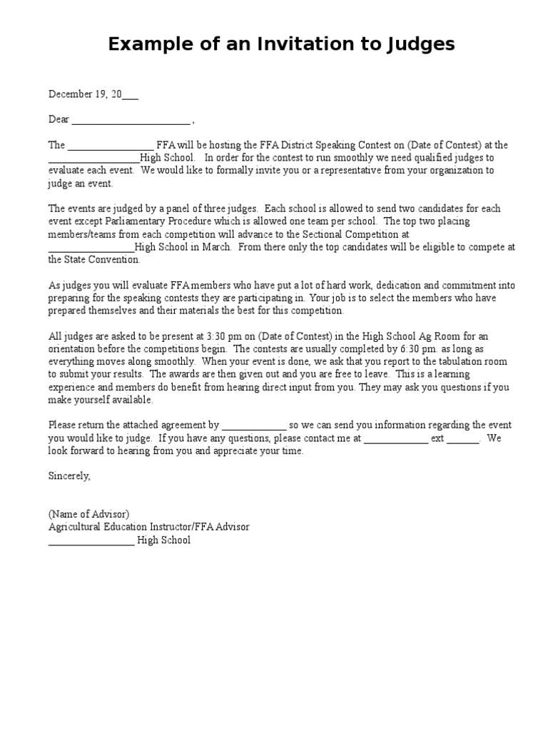 Invitation to Judge FFA Contest | PDF