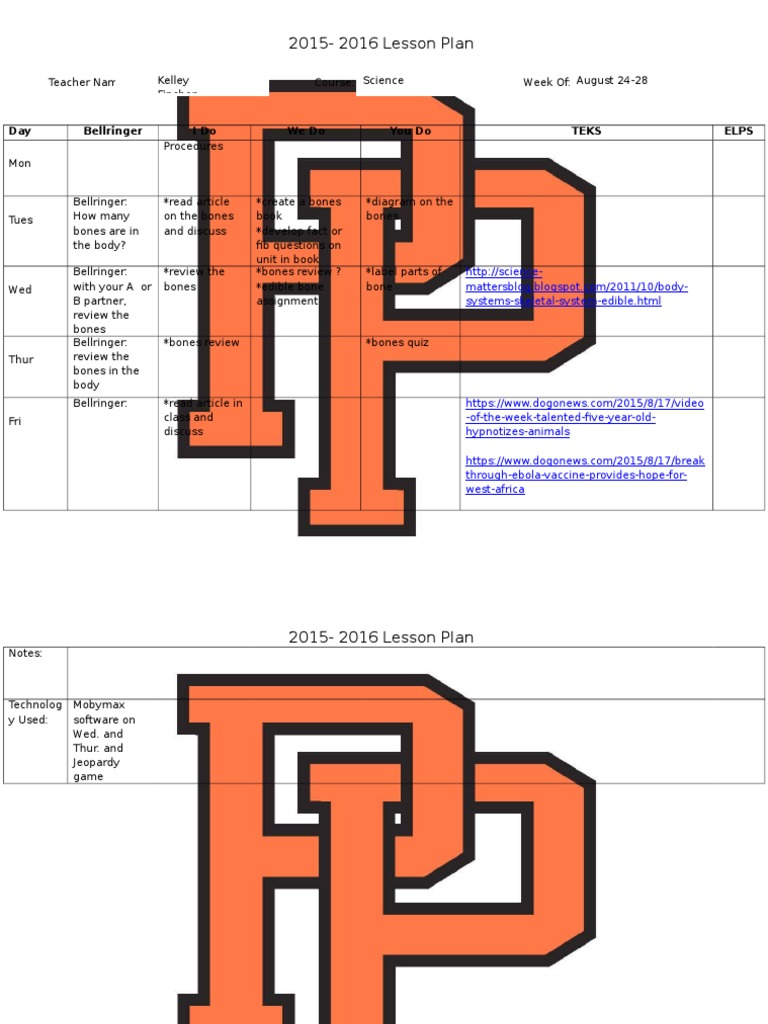 Skeletal System Lesson Plan 2015-16 | PDF