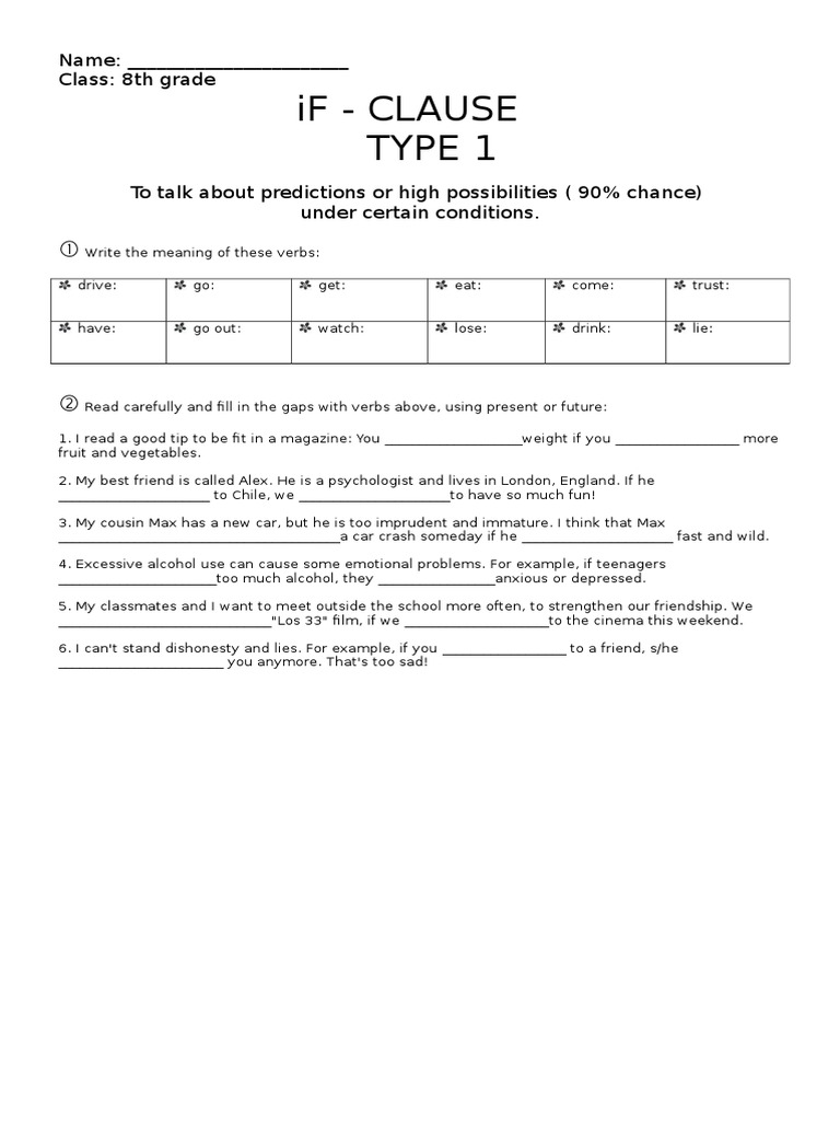 If - Clause Type 1: Name: - Class: 8th Grade | PDF | Self-Improvement