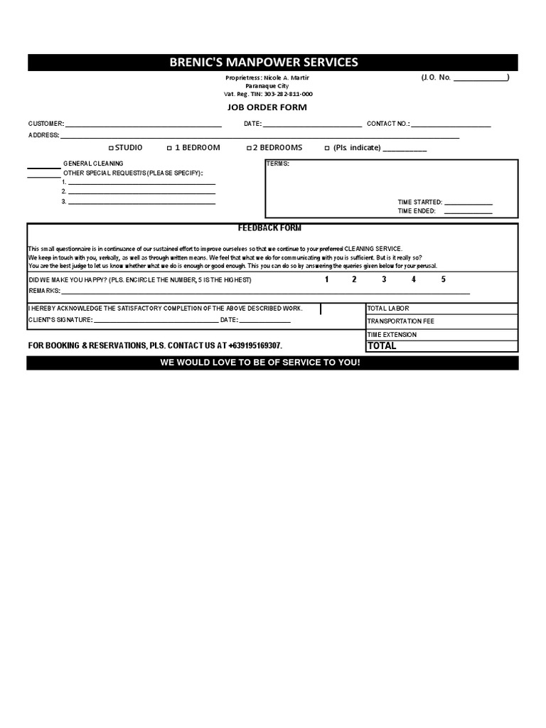 Brenic'S Manpower Services: Job Order Form | PDF