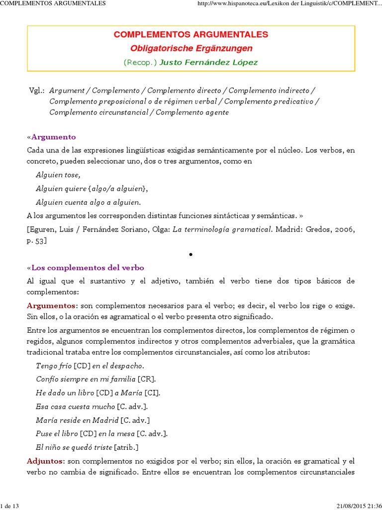 Complementos Argumentales | PDF | Predicado (Gramática) | Verbo