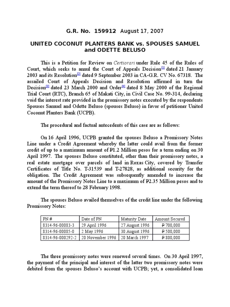 United Coconut Planters Bank vs. Spouses Samuel and Odette Beluso PDF