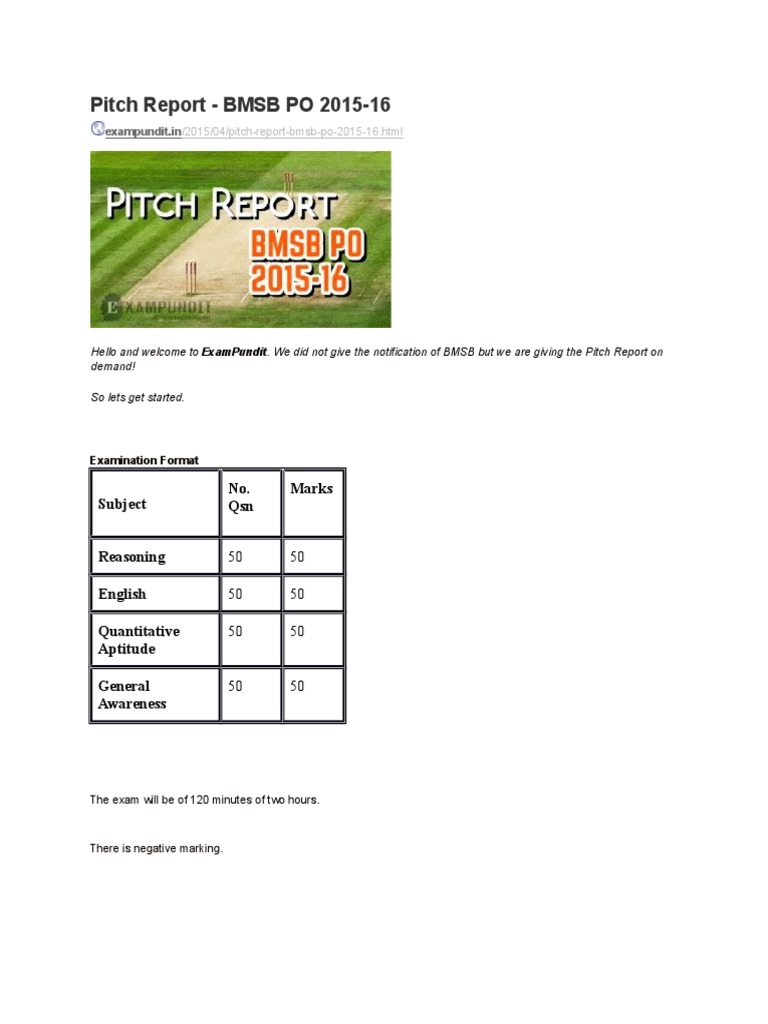 Pitch Report - BMSB PO 2015-16: Subject No. QSN Marks | PDF | Career ...