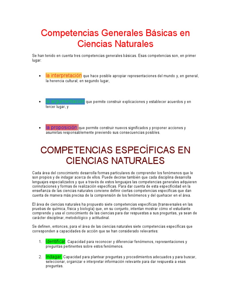 Competencias Generales Básicas en Ciencias Naturales Organisms