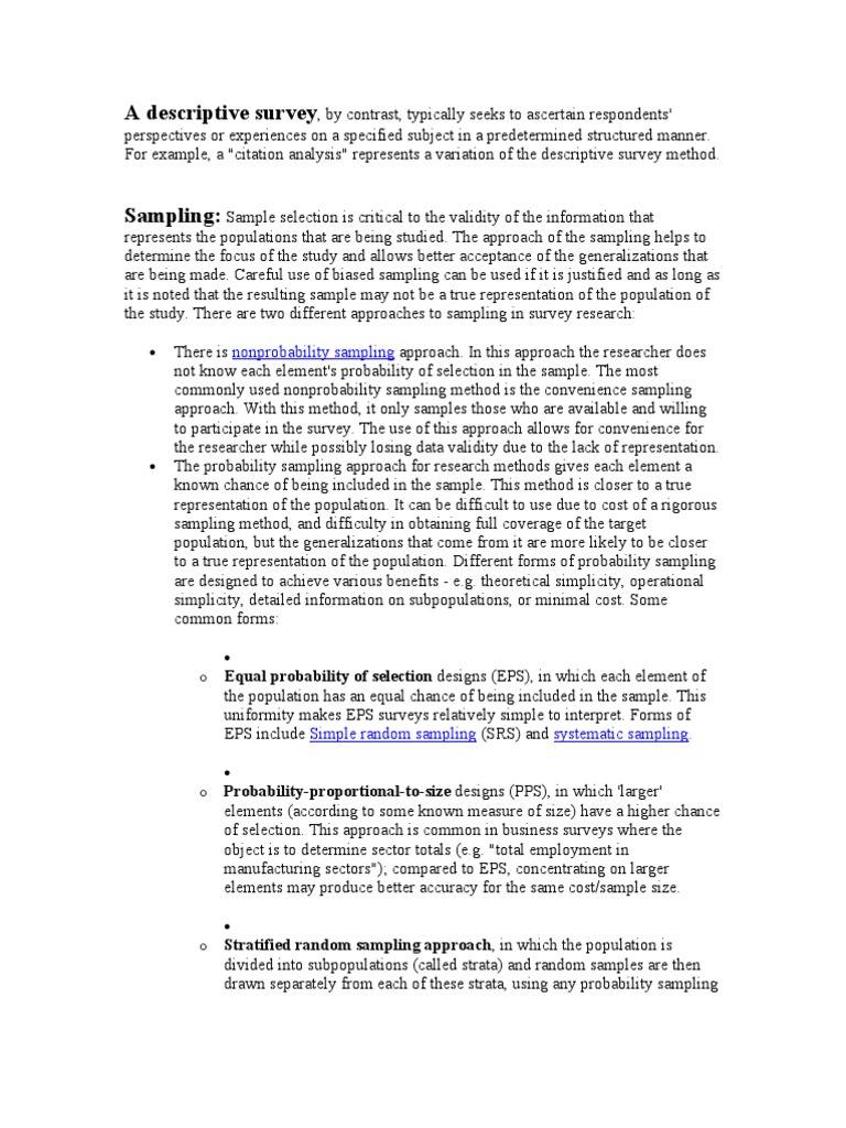 A Descriptive Survey Sampling Statistics Survey Methodology