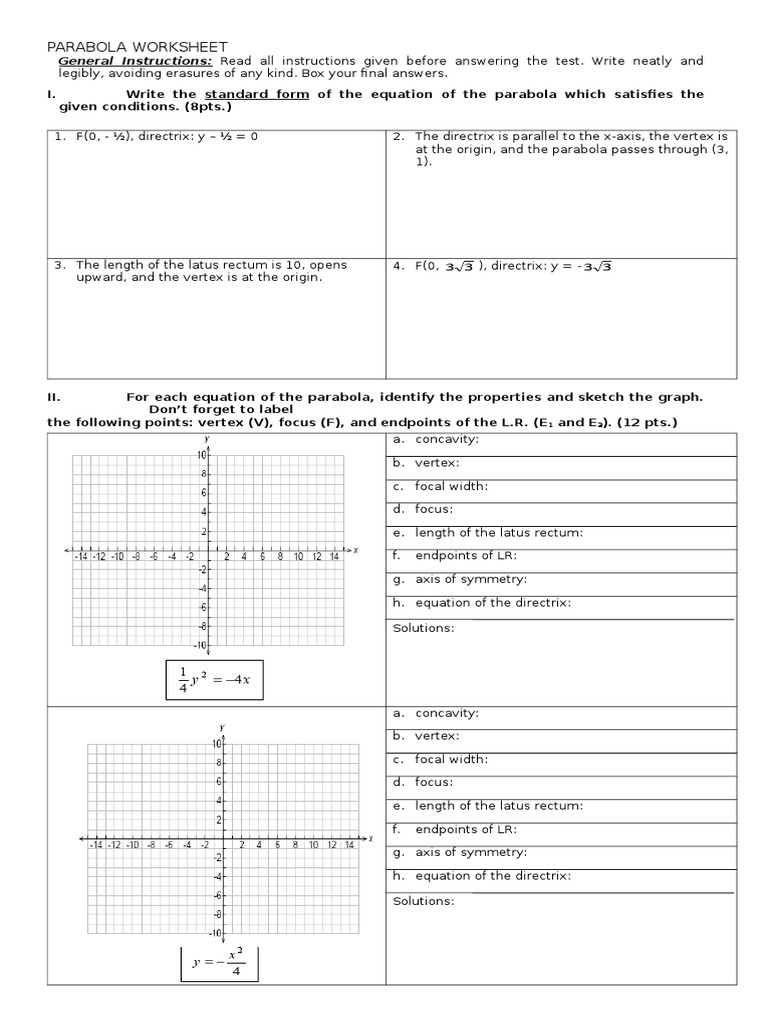 Parabola Worksheet with Solutions | PDF