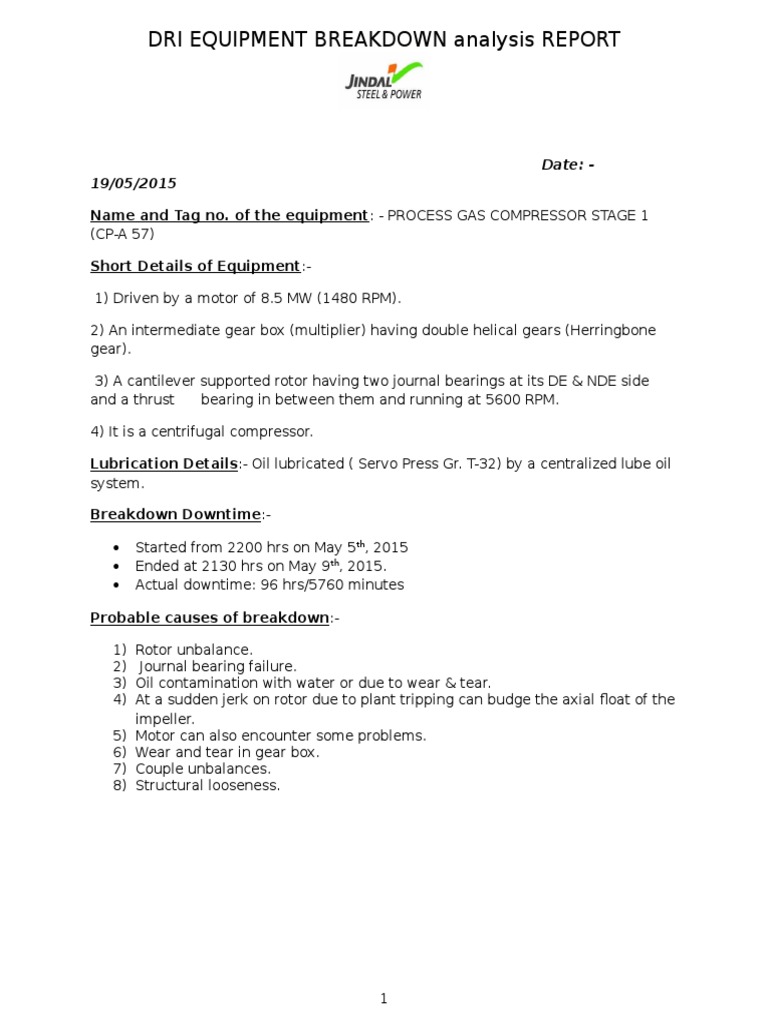 Dri Equipment Breakdown Analysis Report: Date: - 19/05/2015 | PDF ...