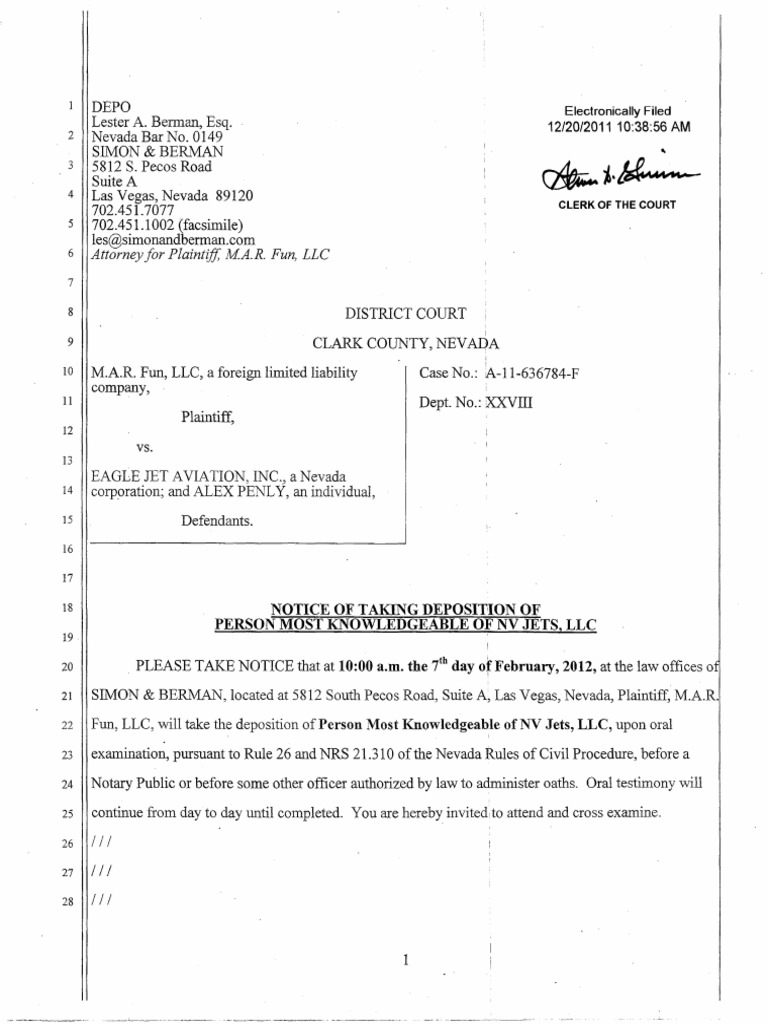 Notice of Taking Deposition of Person Most Knowledgeable of NV Jets LLC