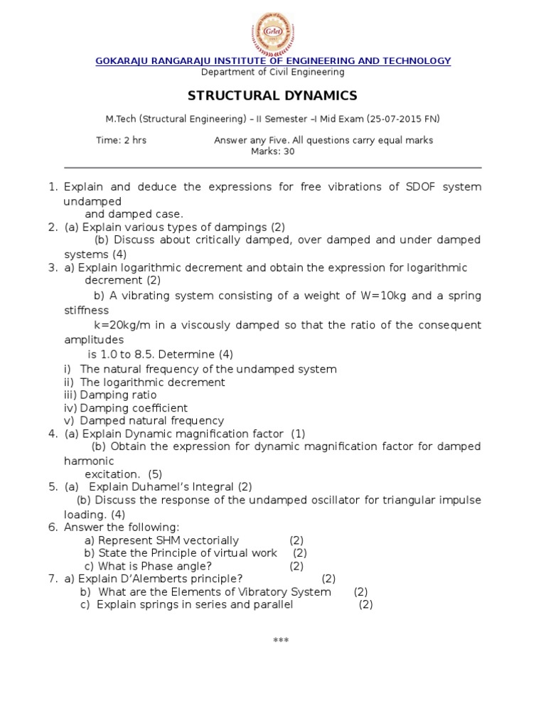 M.Tech Structural Dynamics Mid Exam Guide | PDF