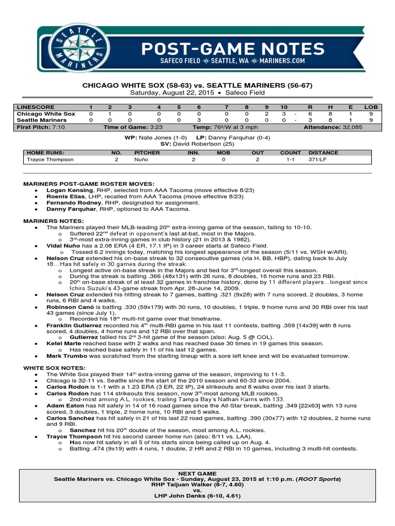 Mariners vs. White Sox Game Recap | PDF | Home Run | Run (Baseball)