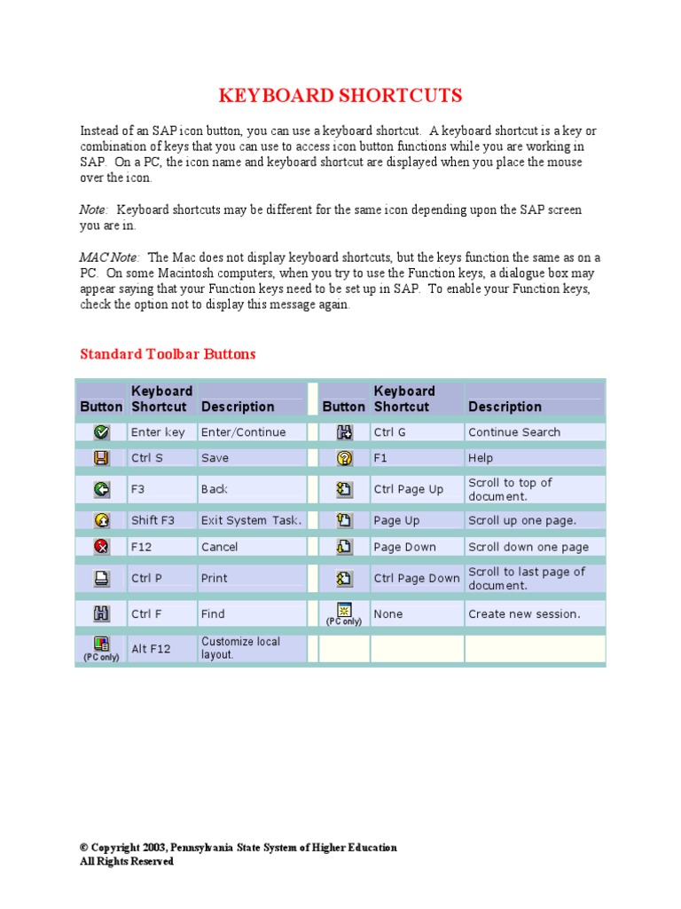 SAP Shortcut Keys | PDF | Keyboard Shortcut | Control Key