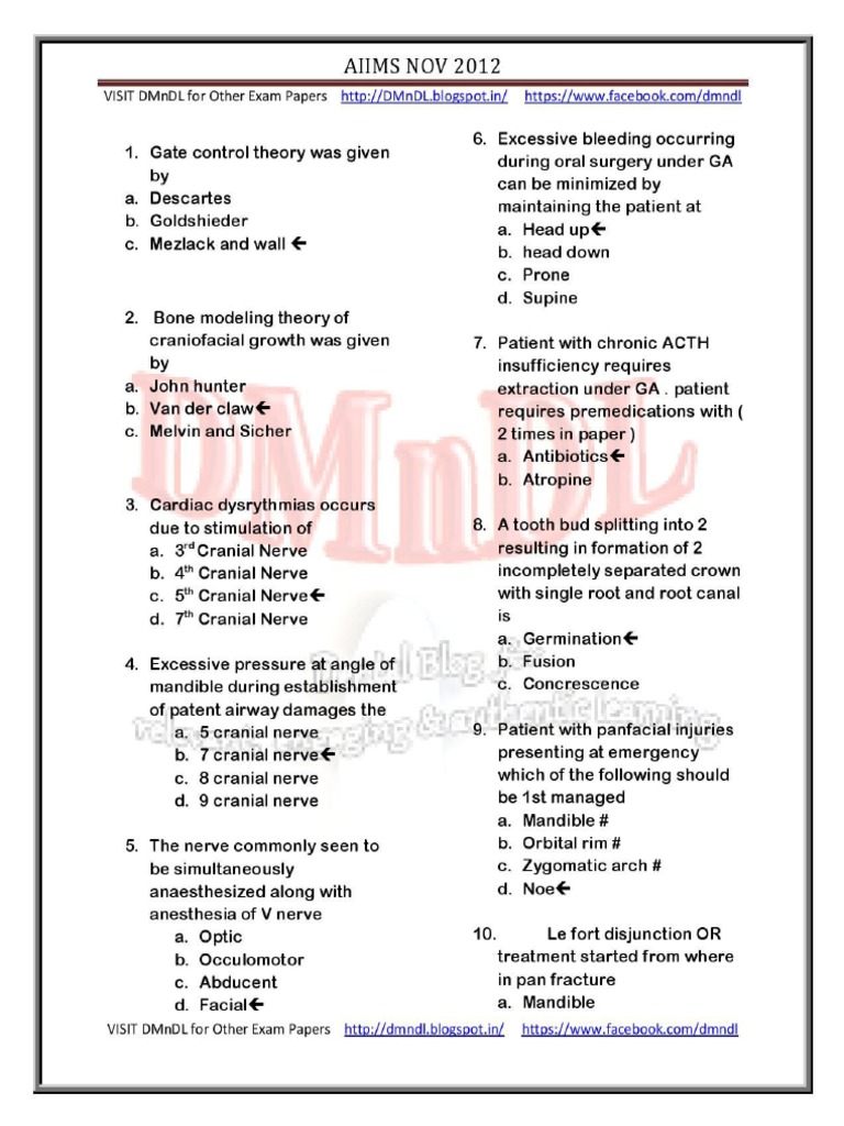 AIIMS Dental PG (MDS) Entrance 2012 Solved Question Paper PDF