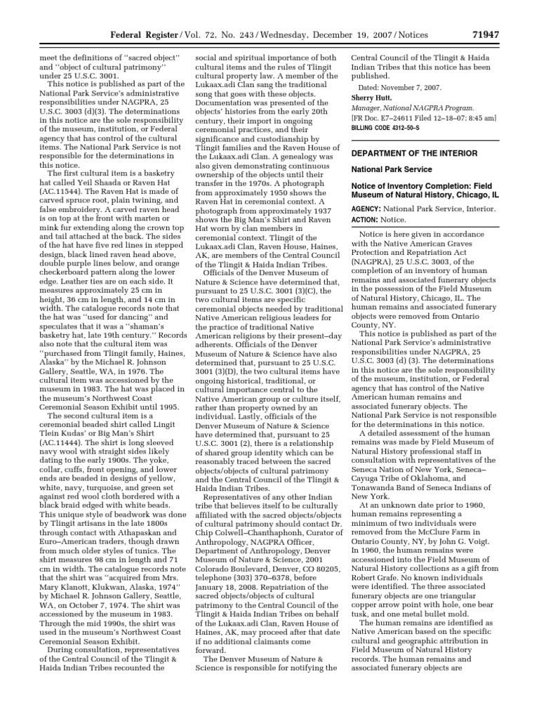 Notice Native American Human Remains, Funerary Objects Inventory