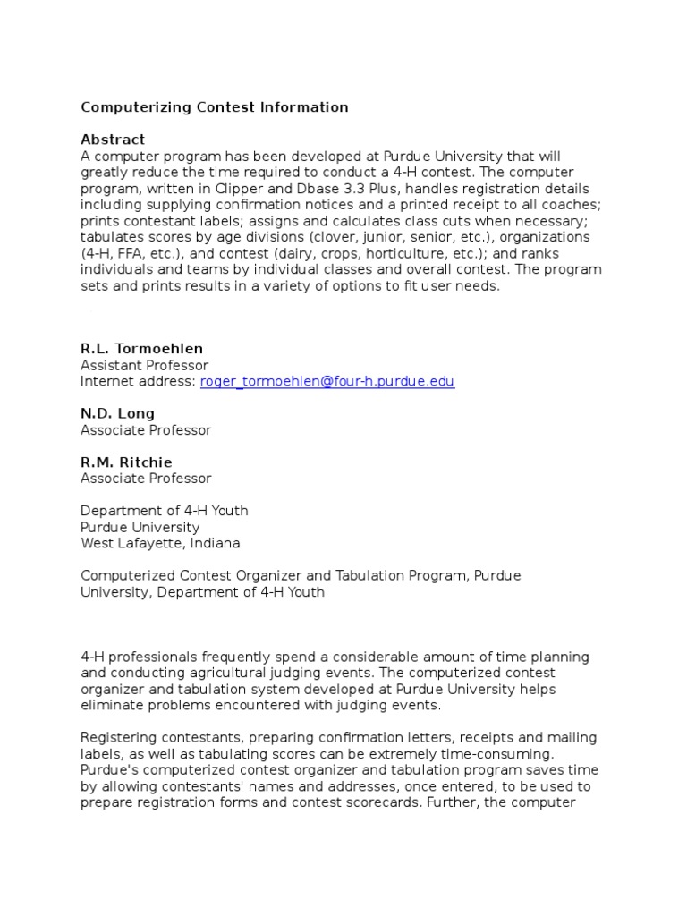 Purdue's 4-H Contest Management Software | PDF | Computer Program ...