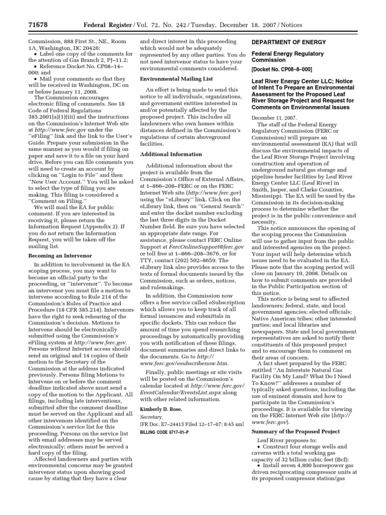 Notice Environmental Statements Notice of Intent Leaf River Energy