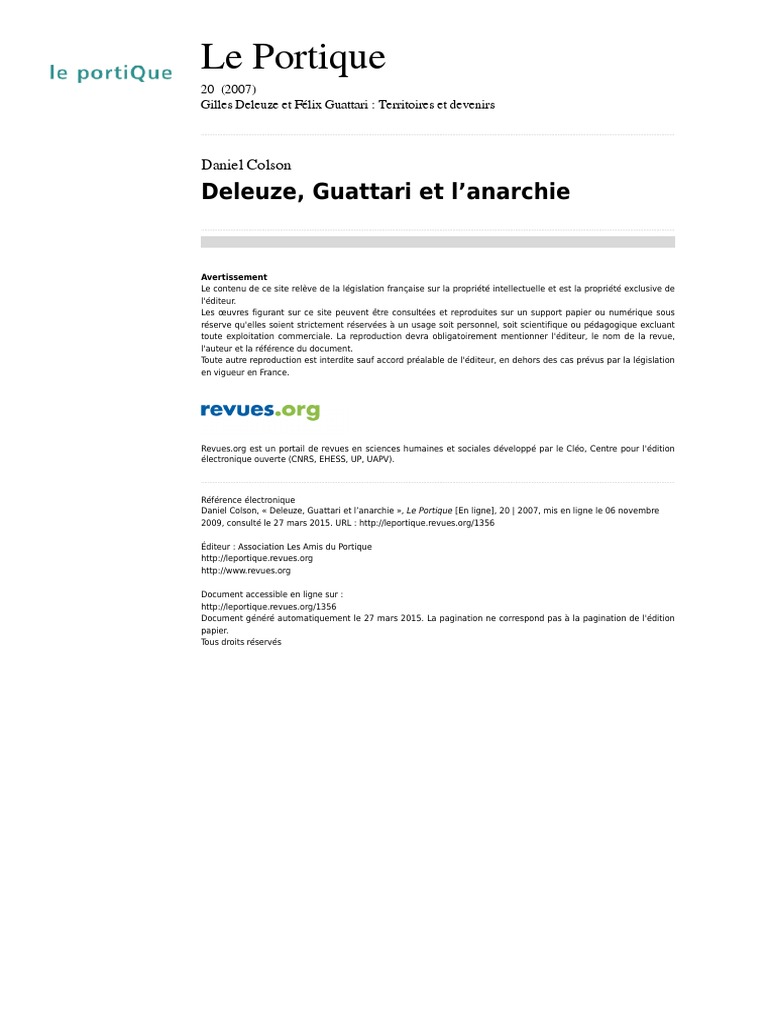 Colson Deleuze Guattari Et Lanarchie - 