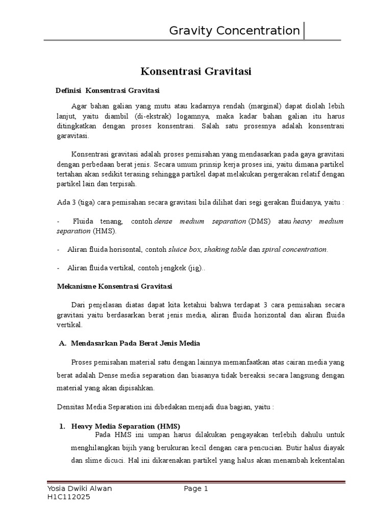 Tugas Gravity Concentration (Yosia Dwiki Alwan - H1C112025) | PDF