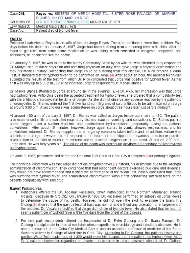 Reyes vs Sisters of Mercy Hospital et al Medical Malpractice Case