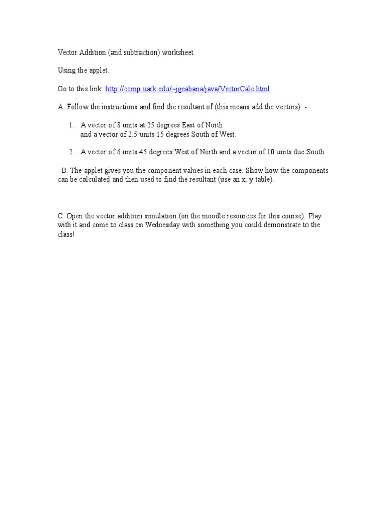 Vector Addition and Subtraction Worksheet | PDF