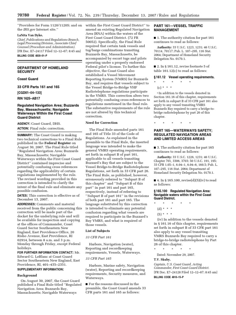 Rule: Ports and Waterways Safety Regulated Navigation Areas, Safety ...