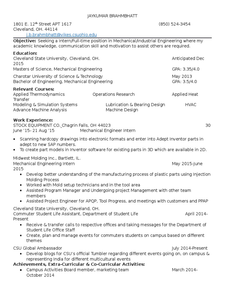 Mechanical Engineering Intern Resume | PDF