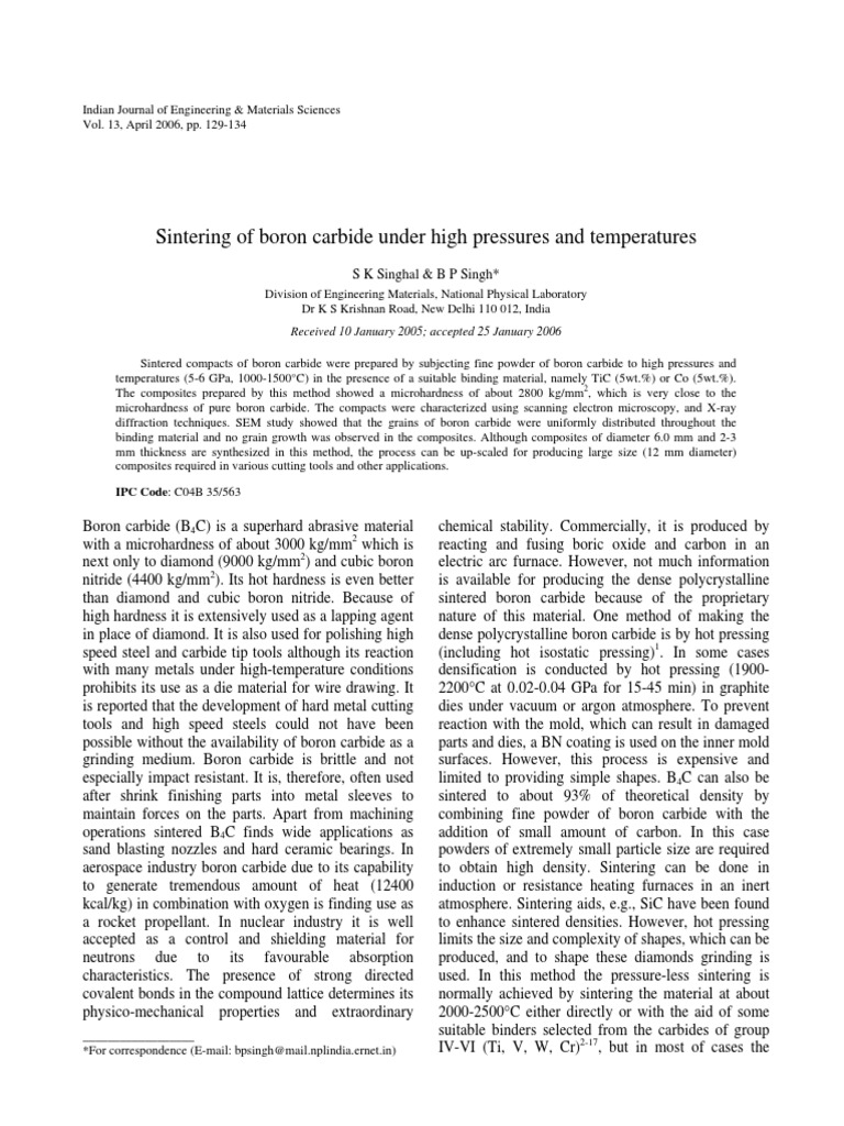 High-Pressure Sintering of Boron Carbide | PDF | Sintering | Boron