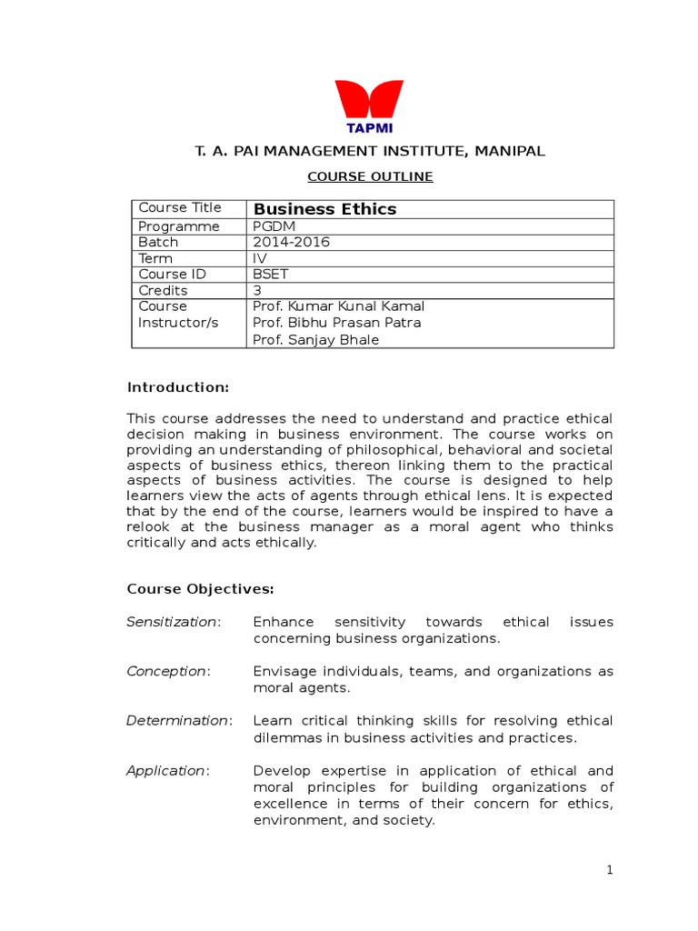 BSET (Course Outline) | Human Resource Management | Business Ethics