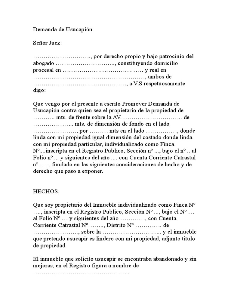 Demanda de Usucapión | PDF | Propiedad | Demanda judicial