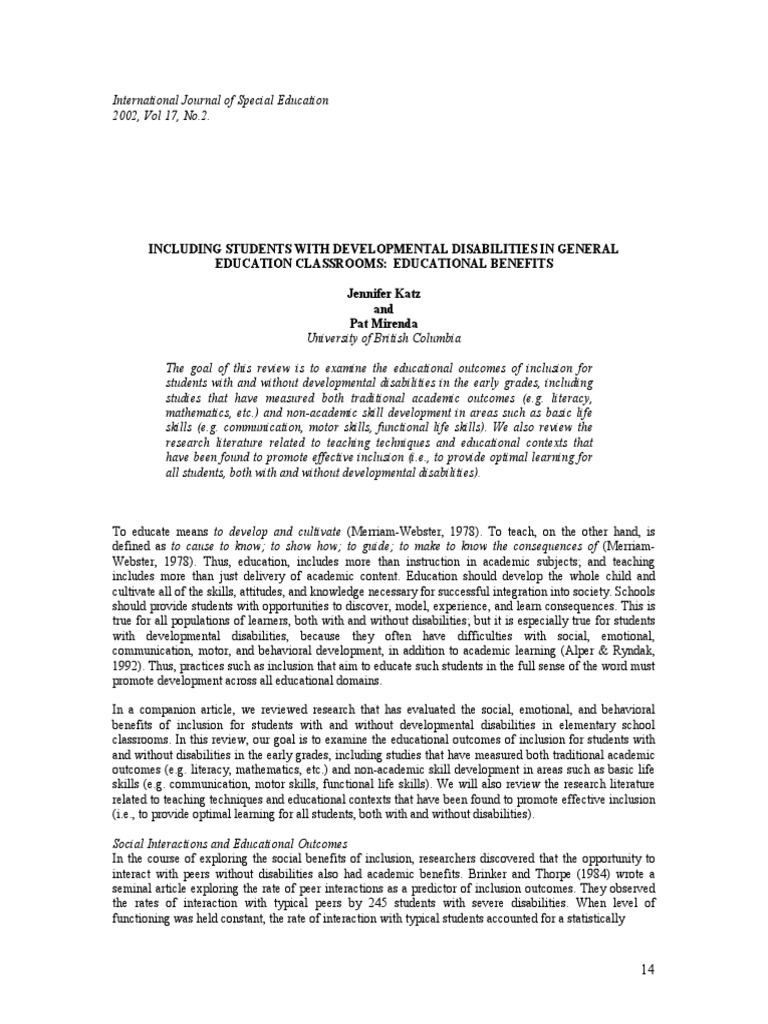 Education Benefits of Inclusion For Disabled and Non-Disabled Students ...