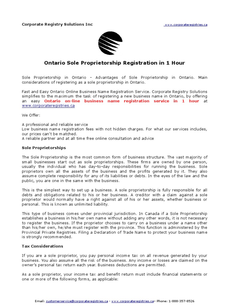 Ontario Sole Proprietorship Registration in 1 Hour Sole