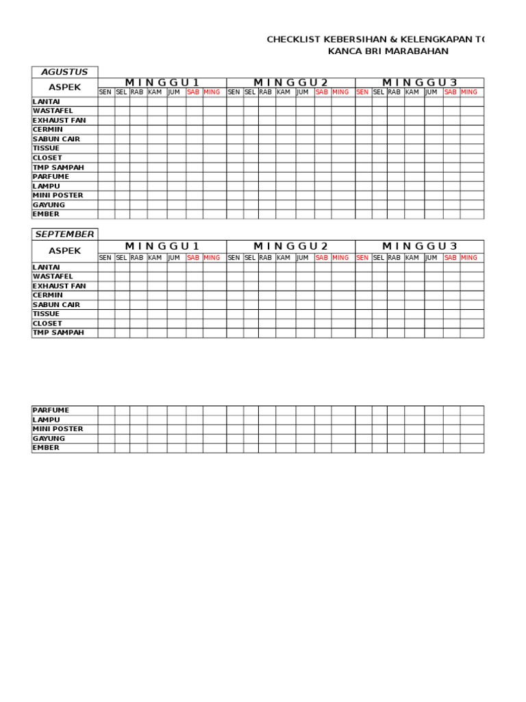 Checklist Kebersihan Toilet Konsultan k3 training via digdo toilet cleaning checklist 2 via scribd checklist template 38 free word excel pdf documents.