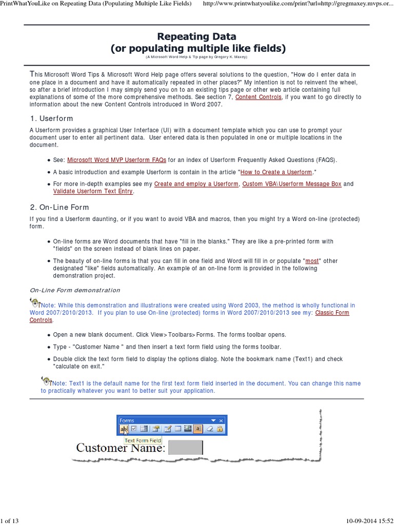 Repeating Data (Populating Multiple Fields) in MS Word | PDF ...