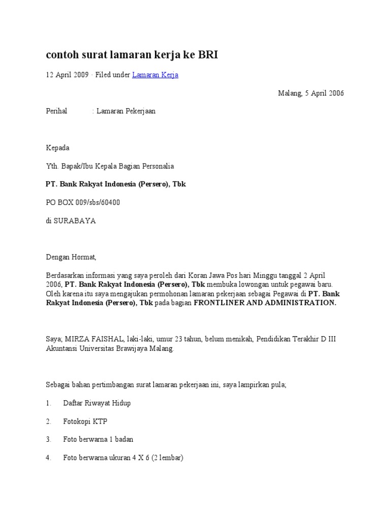Contoh Surat Lamaran Kerja Online Format Pdf - Contoh ...