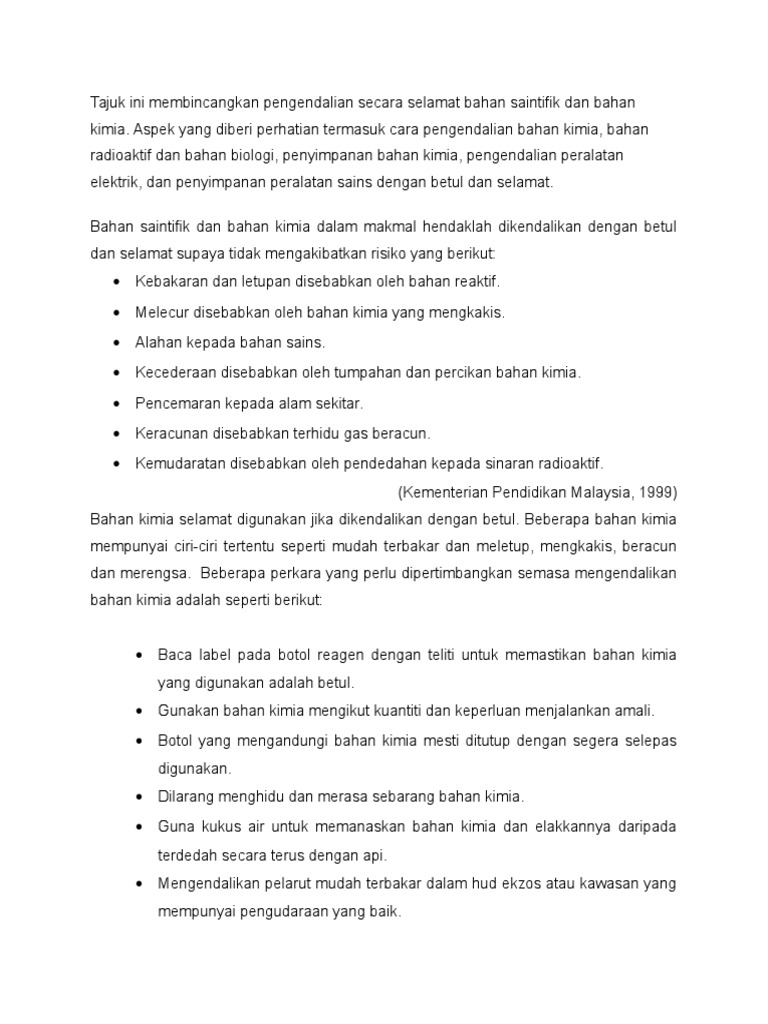 Pengendalian Selamat Bahan Saintifik Dan Bahan Kimia Pdf
