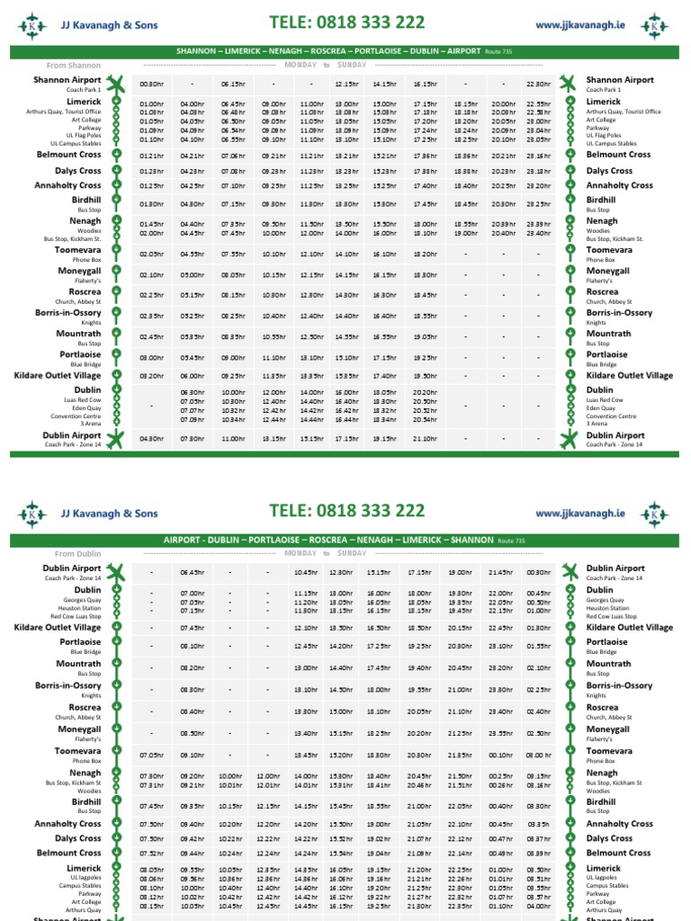 Portlaoise To Shannon & Dublin Airport JJ Kavanagh Bus Timetable PDF