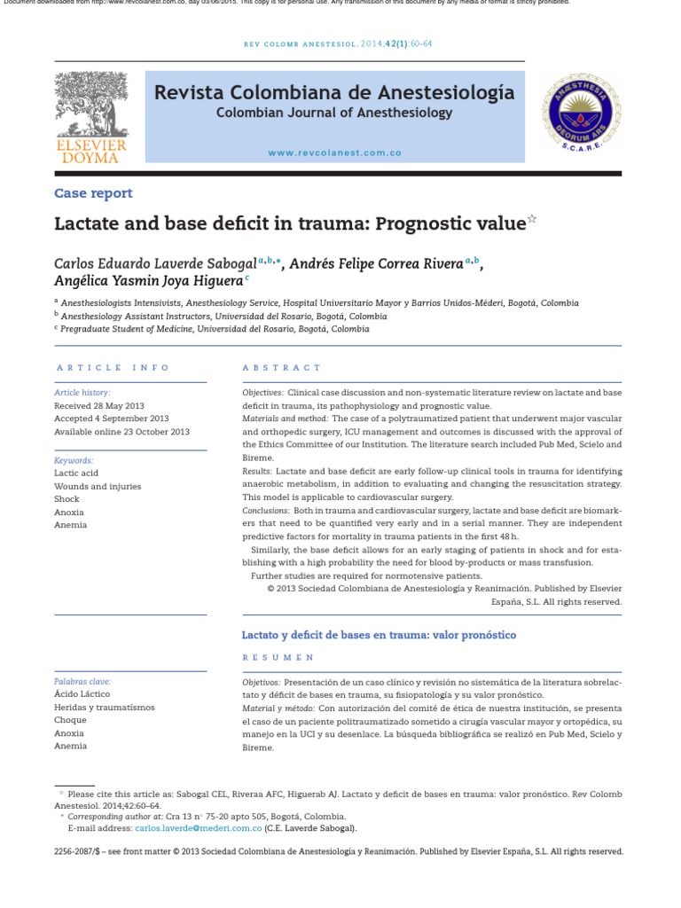 Lactate and Base Deficit in Trauma Shock (Circulatory) Lactic Acid