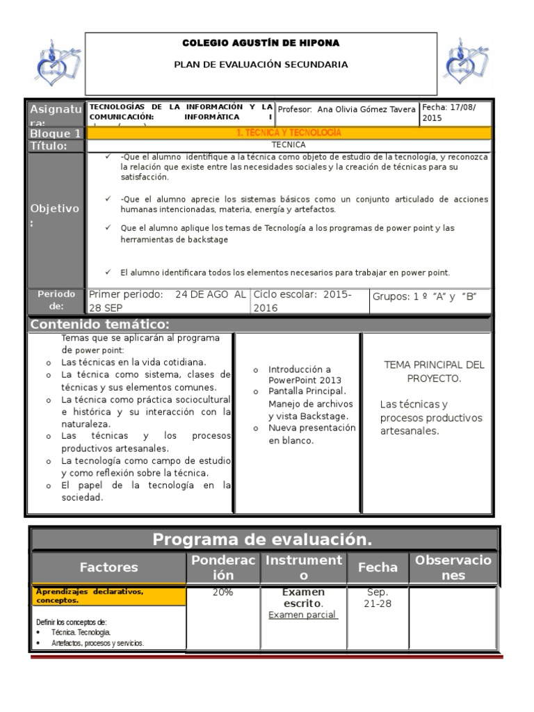 Plan y Programa de Evaluacion 1o 15 16 | PDF | Microsoft PowerPoint ...